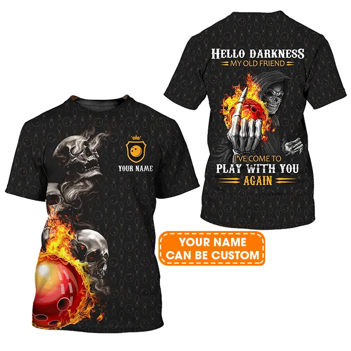 Bowling Custom Name T Shirt, Bowling Skull Hello Darkness My Old Friend Personalized T-Shirt For Men, Perfect Gift For Bowling Lovers, Bowlers, Team