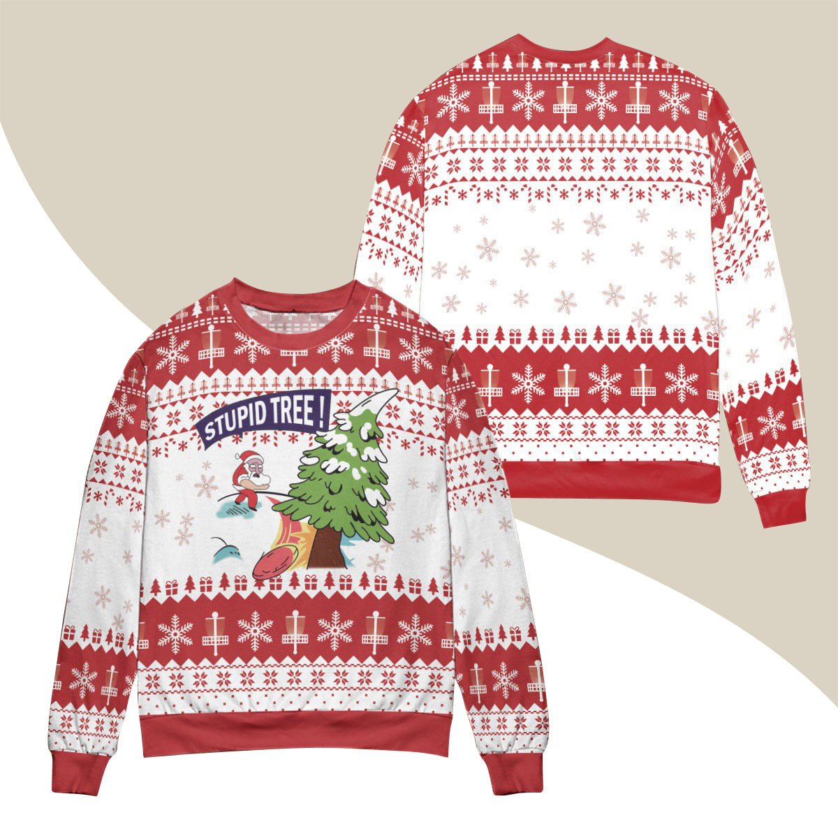 Disc Golf Stupid Tree Ugly Christmas Sweater, Santa Claus Play Disc Golf Ugly Sweater For Men & Women - Best Gift For Christmas, Disc Golf Lovers
