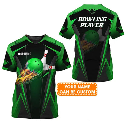Bowling Custom Name T Shirt, The Green Bowling Ball in Flames Breaks White Skittles Personalized T-Shirt For Men, Gift For Bowling Lovers, Bowlers