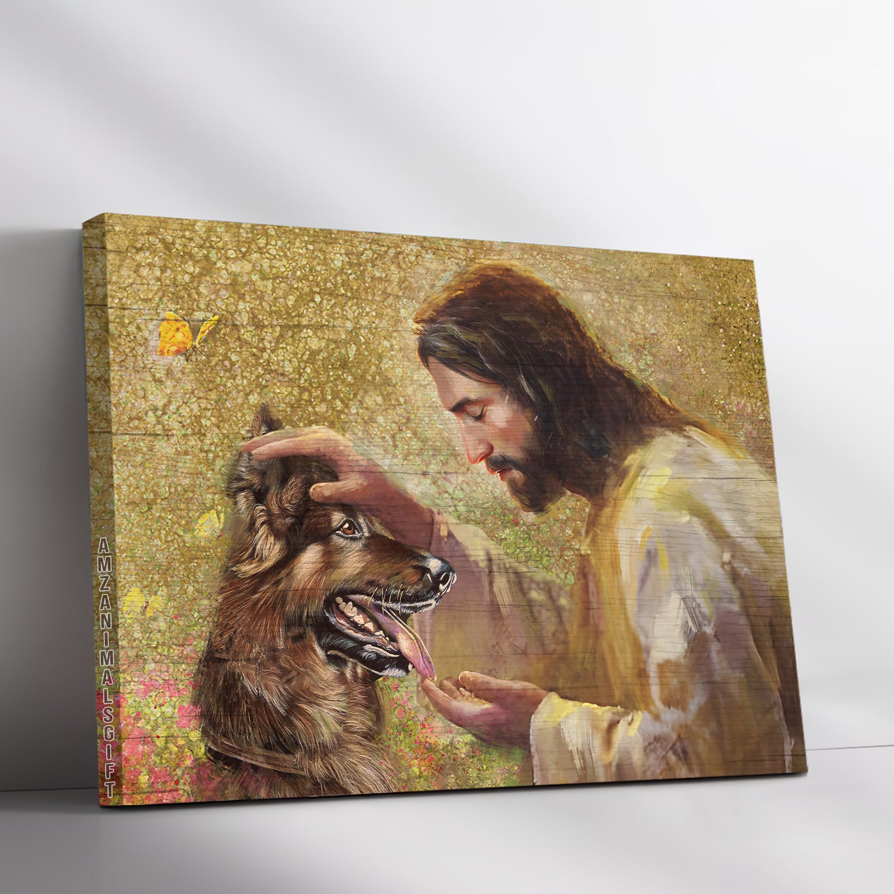 German Shepherd & Jesus Premium Wrapped Landscape Canvas - Watercolor Jesus Painting, Stunning German Shepherd, Butterfly - Gift For Christian