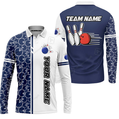 Customized Bowling Team Jersey, Bowling White And Blue Pattern Uniforms Jerseys Personalized Name And Team Name For Bowlers
