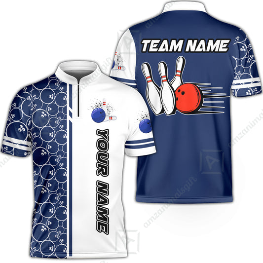Customized Bowling Team Jersey, Bowling White And Blue Pattern Uniforms Jerseys Personalized Name And Team Name For Bowlers
