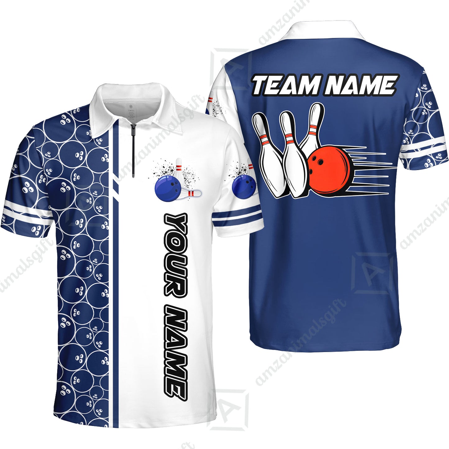Customized Bowling Team Quarter-Zip Polo Shirt, Bowling White And Blue Pattern Uniforms Shirt Personalized Name And Team Name
