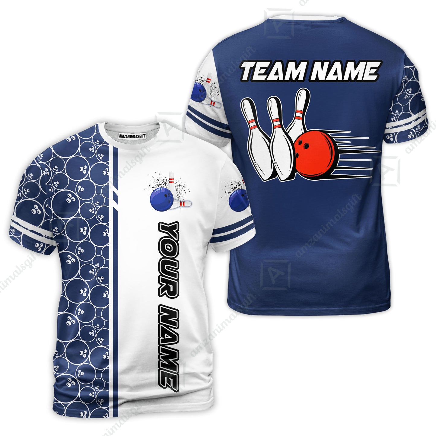 Customized Bowling Team Jersey, Bowling White And Blue Pattern Uniforms Jerseys Personalized Name And Team Name For Bowlers