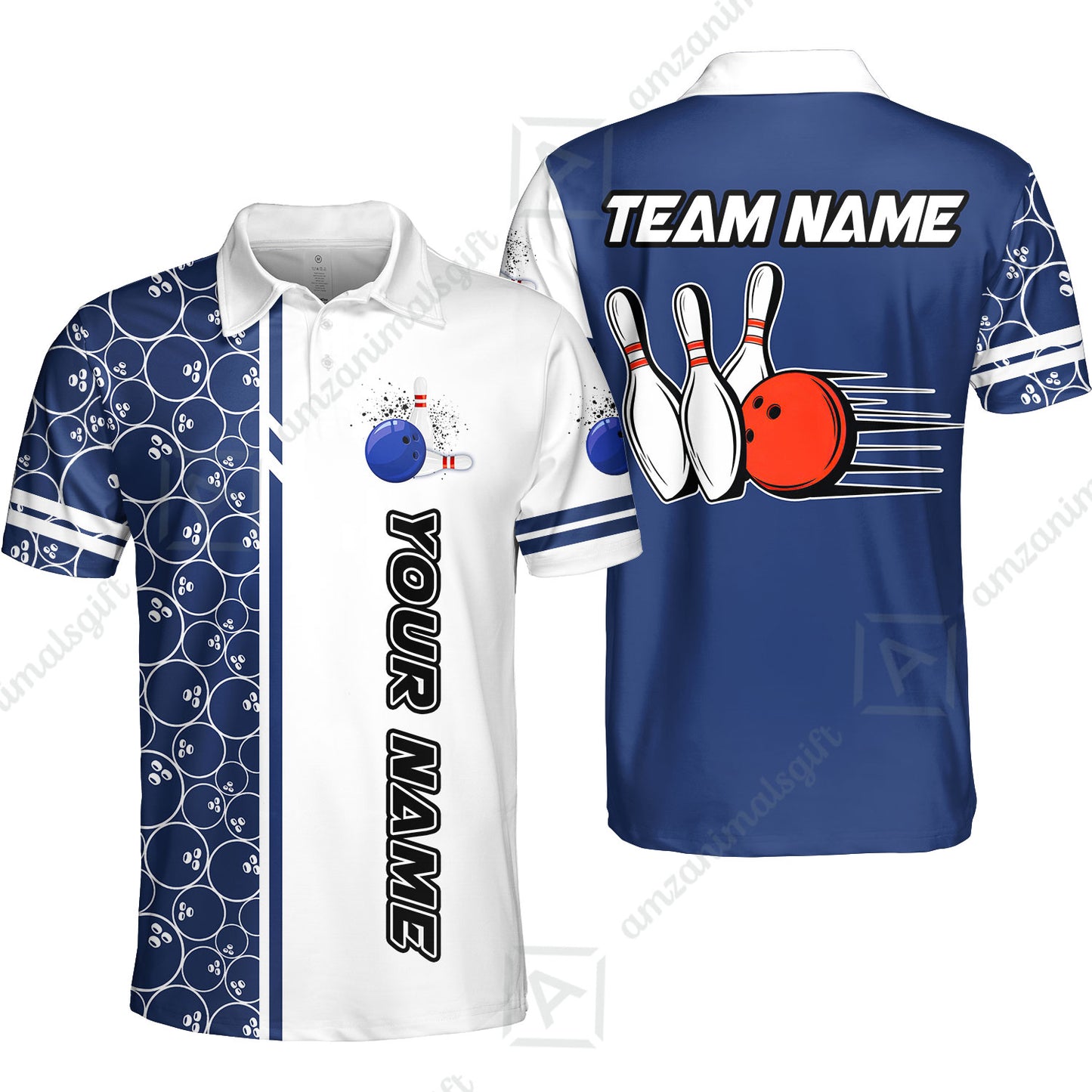 Customized Bowling Team Polo Shirt, Bowling White And Blue Pattern Uniforms Jerseys Personalized Name And Team Name For Bowlers