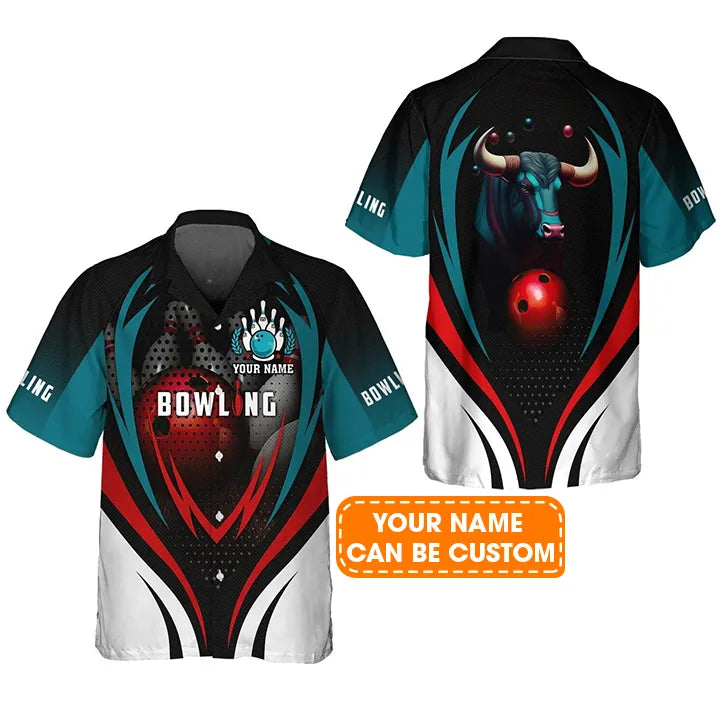 Bowling Hawaiian Shirt Custom Name - Bull Bowling Team With Red Ball Personalized Aloha Hawaiian Shirt - Gift For Friend, Family, Bowling Lovers