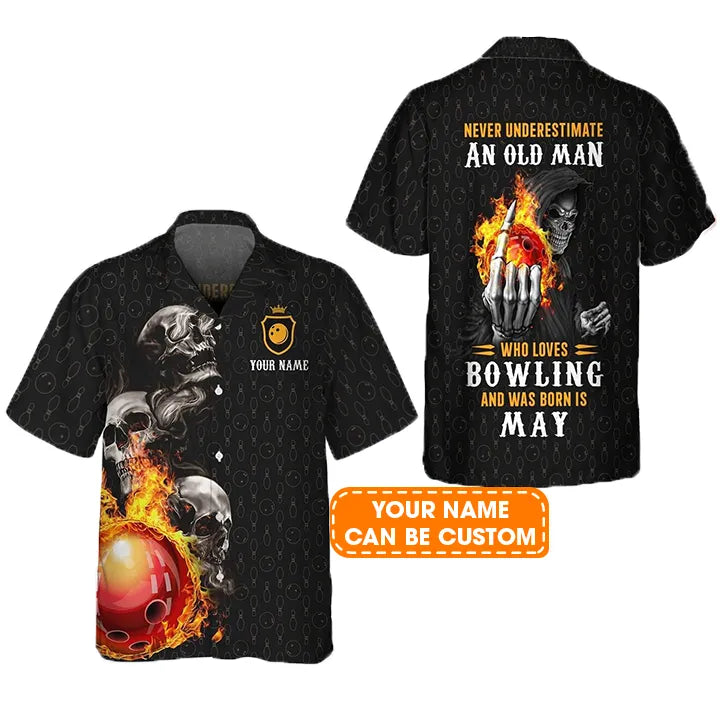 Bowling Hawaiian Shirt Custom Name, Bowling Skull Who Loves Bowling And Was Born In May Personalized Aloha Hawaiian Shirts - Gift For Bowling Lovers, Friend, Family