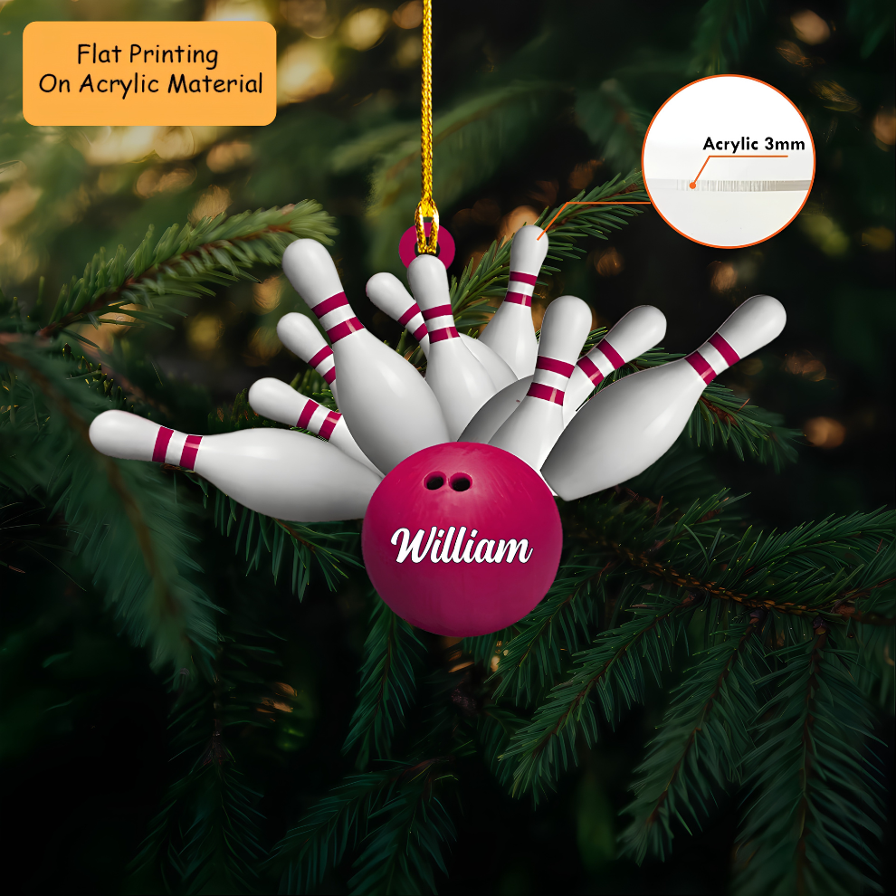 Personalized Bowling Ball Holding Pins Acrylic Ornament, Bowling Keychain, Car Ornament, Christmas Ornament Gifts