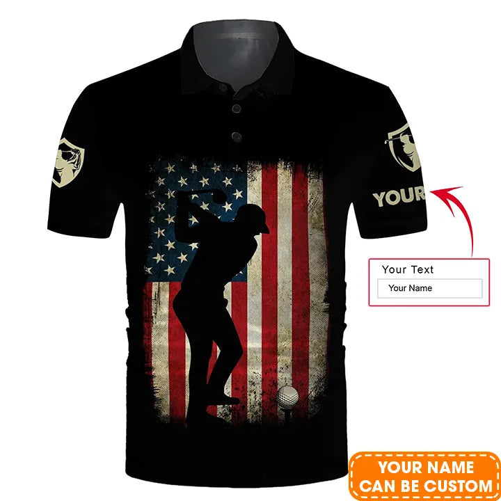 Golf Customized Long Sleeve Polo Shirt For Men Vintage American Flag Patriotic Black Apparel, Best Outfit For Golf Lover, Team, Golfer, 4th July