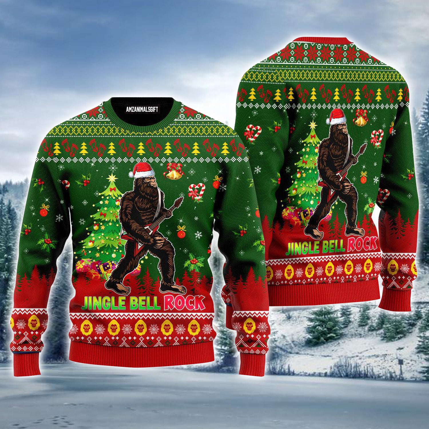 Bigfoot Playing Guitar Jingle Bell Rock Ugly Christmas Sweater For Men & Women, Perfect Outfit For Christmas New Year Autumn Winter