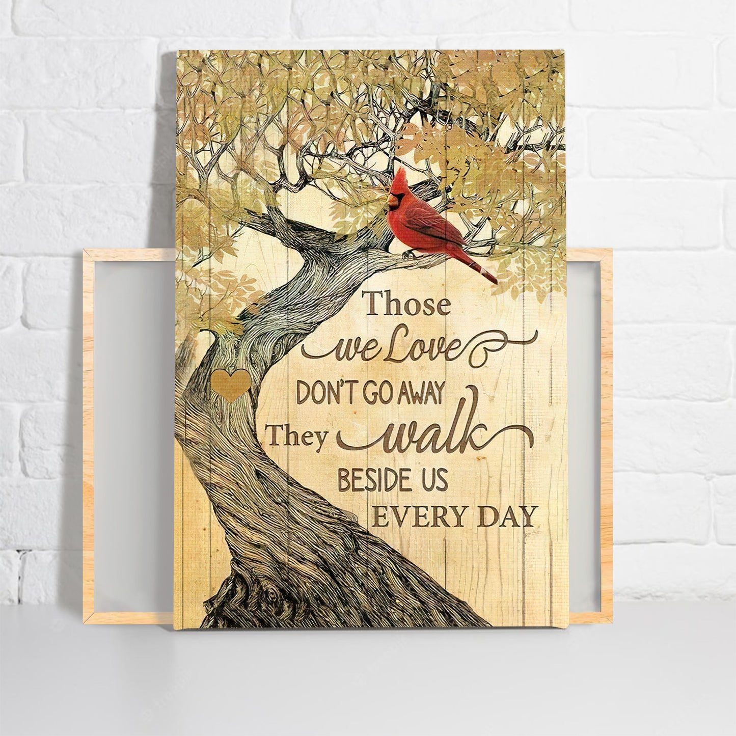 Memorial Premium Wrapped Portrait Canvas - Red Cardinal, Yellow Leaf, Wooden Heart, They Walk Beside Us Every Day - Gift For Members Family