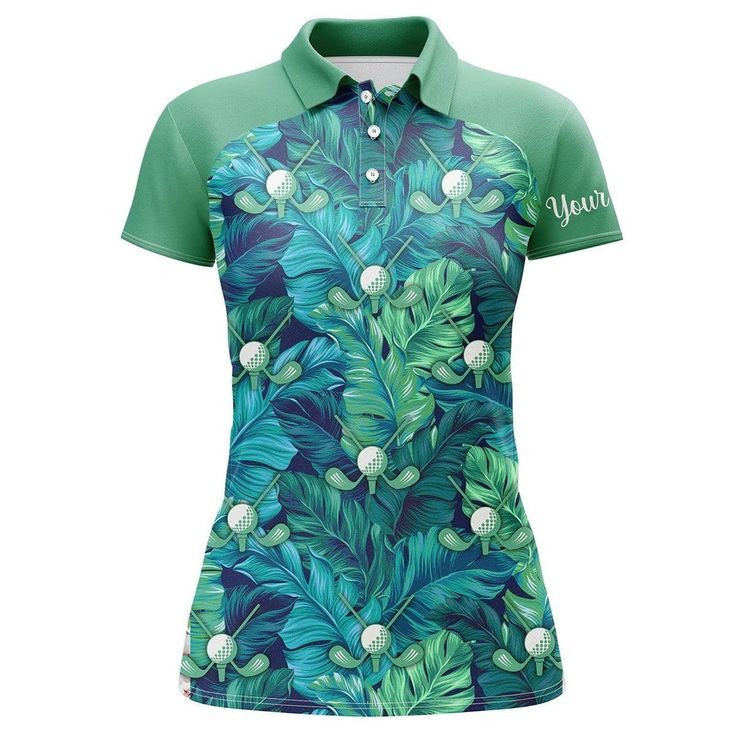 Customized Name Golf Women Polo Shirts, Green Tropical Leaves Personalized Golf Ball Polo Shirts - Perfect Gift For Ladies, Golfers, Golf Lovers