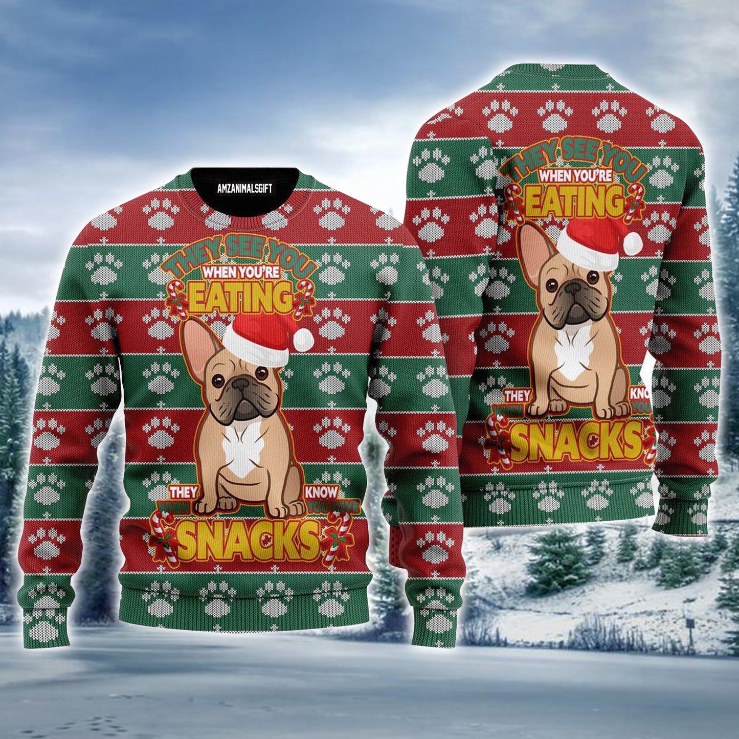 French Bulldog Eating Snacks Christmas Pattern Ugly Sweater For Men & Women, Perfect Outfit For Christmas New Year Autumn Winter