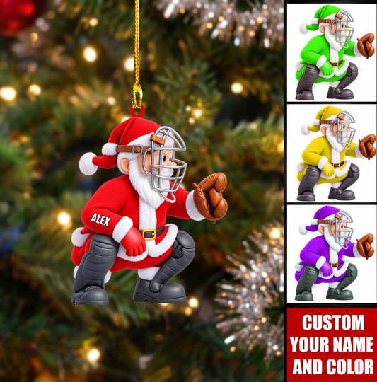 Personalized Baseball Catcher Christmas Ornament, Santa Claus In Squat Catcher Gear, Custom Ornament Christmas Gift, Keychain Baseball, Car Ornament Baseball