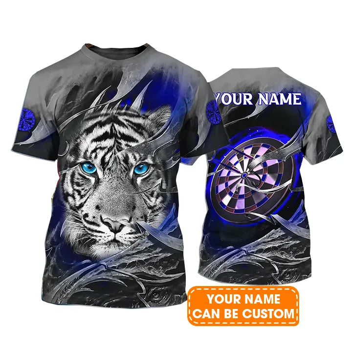 Darts Custom Name T Shirt, Blue Bullseye Dartboard Personalized Name Tiger And Darts T-Shirt For Men Women - Gift For Darts Lovers, Dart Team Player