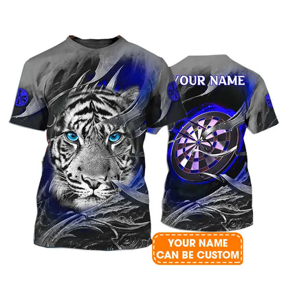 Darts Custom Name T Shirt, Blue Bullseye Dartboard Personalized Name Tiger And Darts T-Shirt For Men Women - Gift For Darts Lovers, Dart Team Player