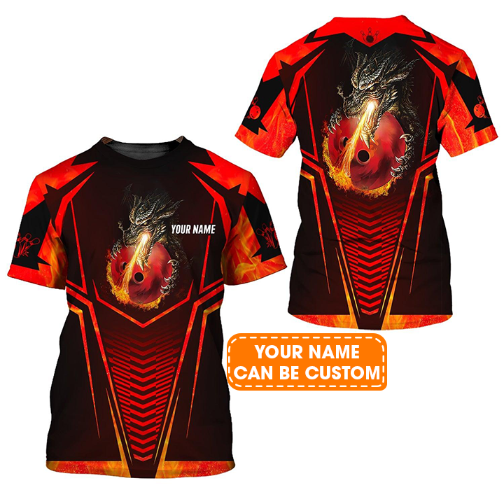 Bowling Custom Name T Shirt, Dragon Fire Flame Personalized Name T-Shirt For Men, Perfect Gift For Bowling Lovers, Bowlers, Team, Friend