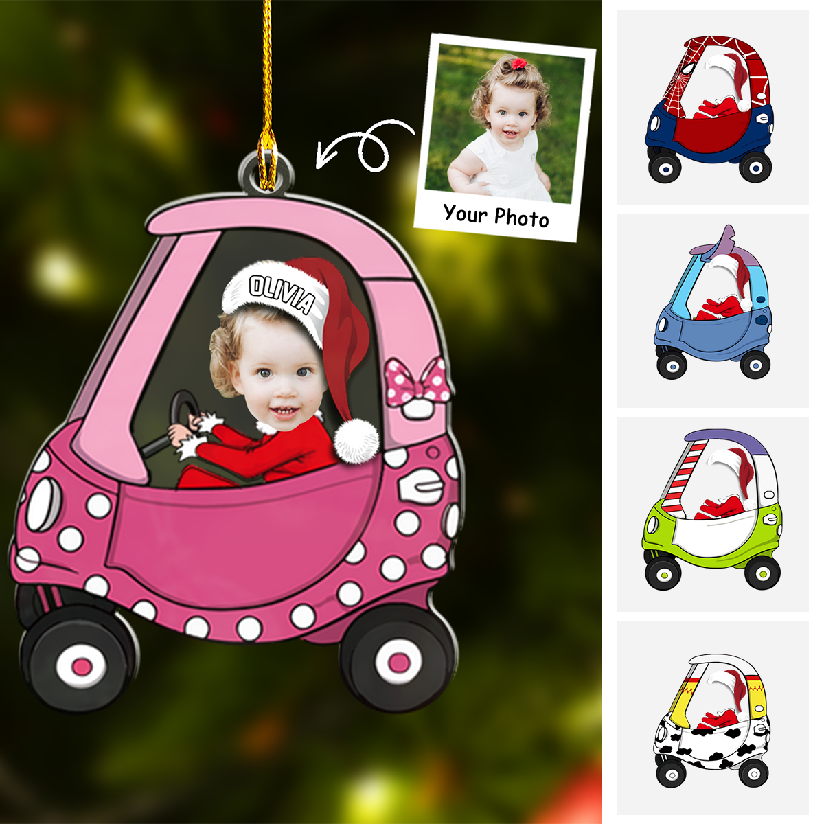 Personalized Photo Kid Driving Cartoon Car Flat Acrylic Ornament, Ornament Gifts For Son, Grandson, Daughter, Granddaughter