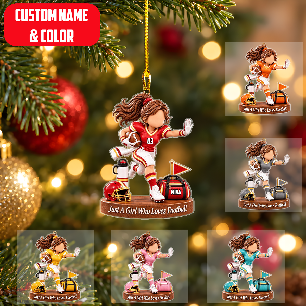 Personalized Girl Football Christmas Flat Printed Acrylic Ornament, Running Action With Field Setup, Custom Ornament Christmas Gift, Keychain Football, Car Ornament Football