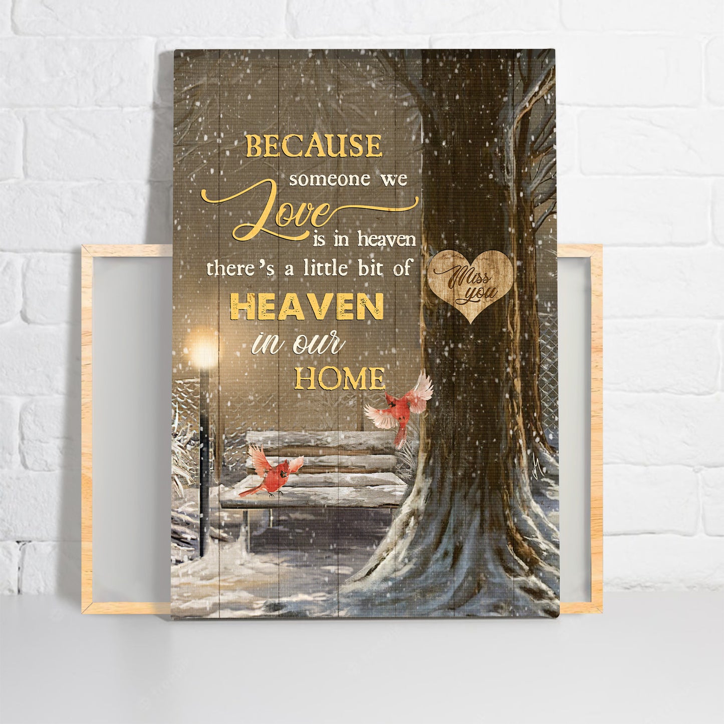 Memorial Premium Wrapped Portrait Canvas - Wooden Chair, Snow Park, Red Cardinal, There's A Little Bit Of Heaven In Our Home - Gift For Members Family