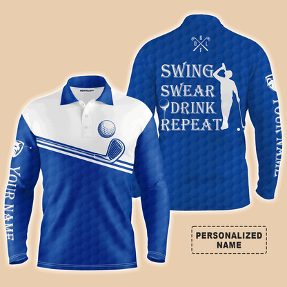 Golf Men Polo Shirt, Custom Name Multicolor Swing Swear Drink Repeat Apparel - Personalized Sports Gifts For Men, Husband, Boyfriend, Golf Lover