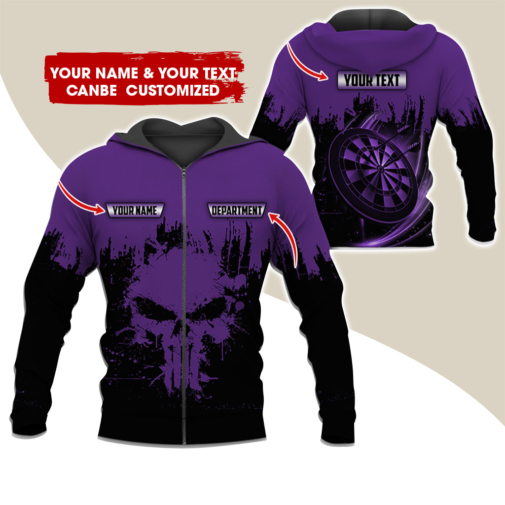 Personalized Name & Text Darts Premium Zip Hoodie, Customized Skull Dartboard Team Zip Hoodie For Men & Women - Gift For Darts Lovers, Darts Players