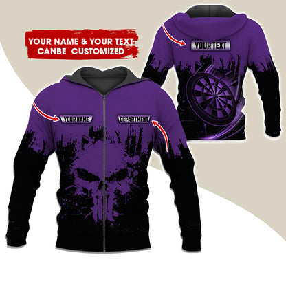 Personalized Name & Text Darts Premium Zip Hoodie, Customized Skull Dartboard Team Zip Hoodie For Men & Women - Gift For Darts Lovers, Darts Players