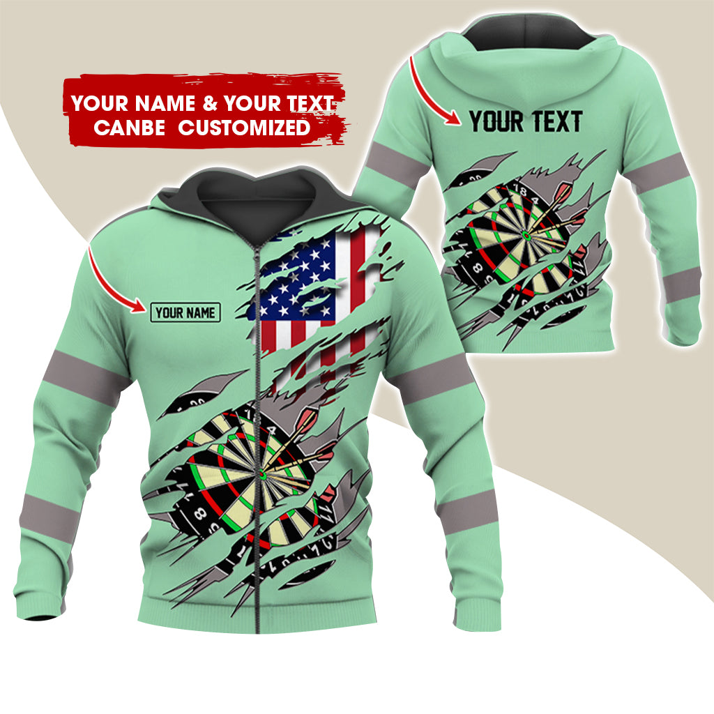 Customized Name & Text American Flag Darts Premium Zip Hoodie, Personalized Dartboard Zip Hoodie For Men & Women - Gift For Darts Lovers, Darts Players