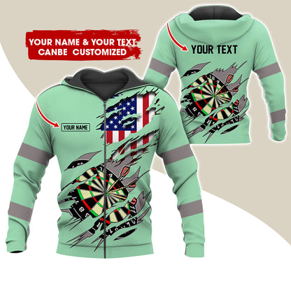 Customized Name & Text American Flag Darts Premium Zip Hoodie, Personalized Dartboard Zip Hoodie For Men & Women - Gift For Darts Lovers, Darts Players