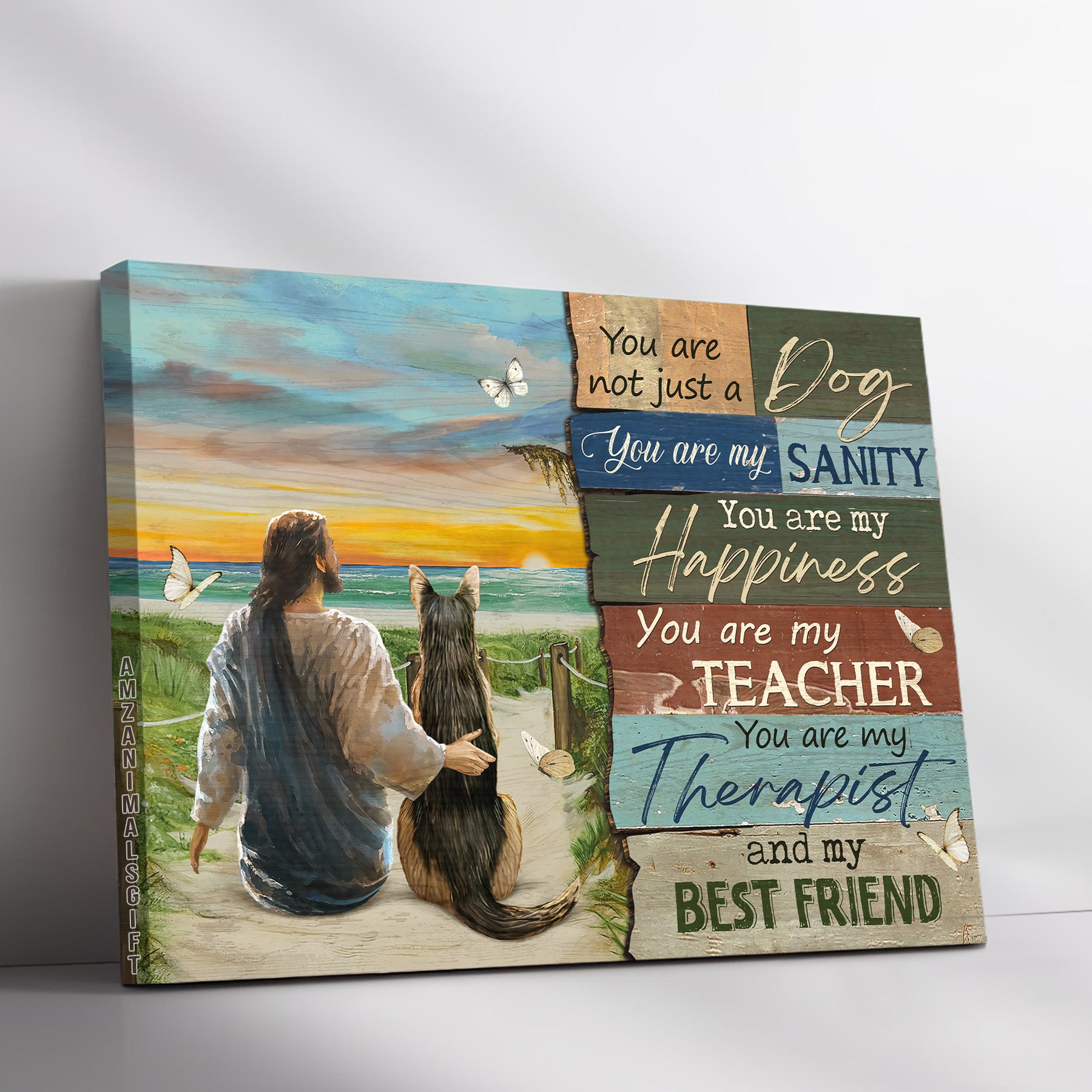 German Shepherd & Jesus Premium Wrapped Landscape Canvas - Jesus, German Shepherd, Ocean View, You Are Not Just A Dog - Perfect Gift For Christian