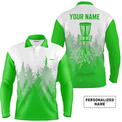 Custom Disc Golf Long Sleeve Men Polo Shirt - Disc Golf Basket Hole In The Woods Custom Name Multicolor Apparel For Men, Disc Golf Lover