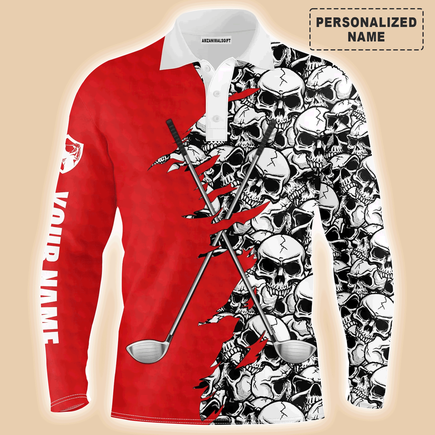 Custom Golf Long Sleeve Men Polo Shirt, Pattern Skull Golf Clubs Performance Custom Name Apparel - Perfect Gift For Men, Golf Lovers