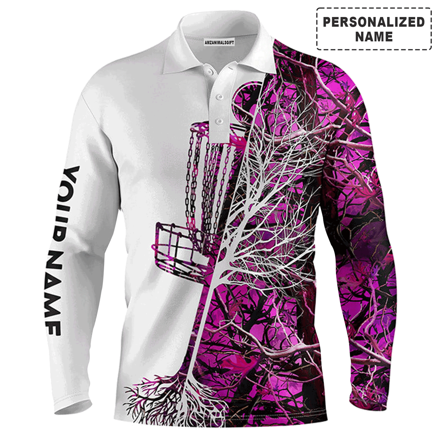 Custom Golf Long Sleeve Men Polo Shirt, Custom Name Pink Camo Disc Golf Basket Apparel Men Polo Shirt - Perfect Gift For Men, Golf Lover