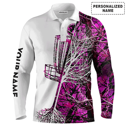 Custom Golf Long Sleeve Men Polo Shirt, Custom Name Pink Camo Disc Golf Basket Apparel Men Polo Shirt - Perfect Gift For Men, Golf Lover