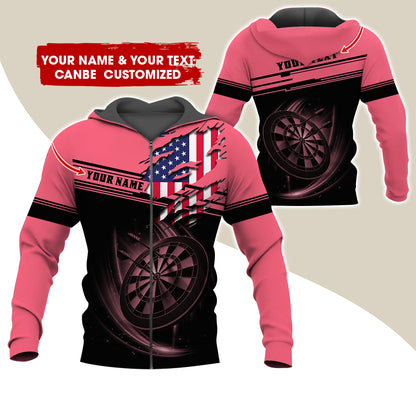 Custom Name & Text Darts Premium Zip Hoodie, Customized Name American Flag Darts Zip Hoodie For Men & Women - Gift For Darts Lovers, Darts Players