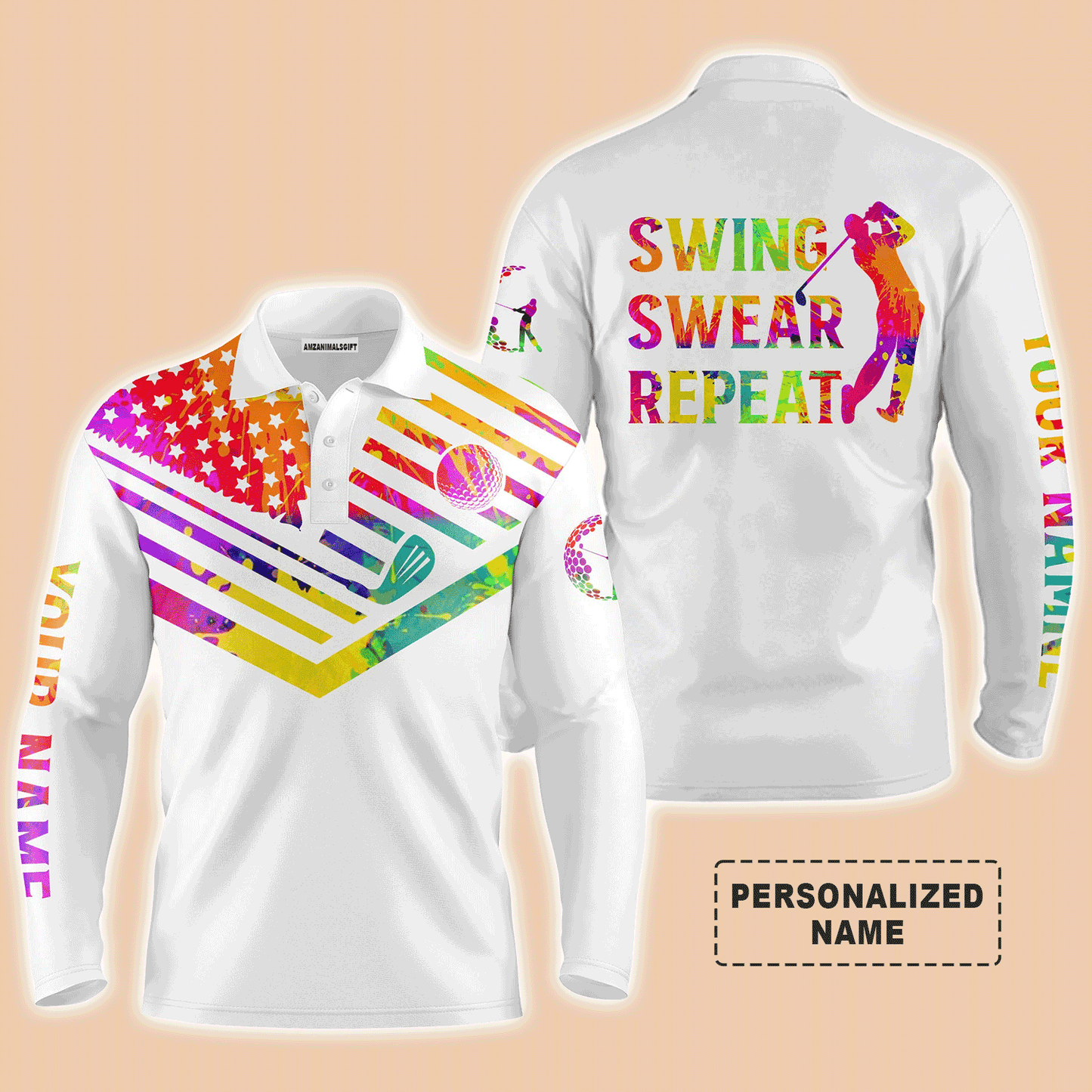 Custom Golf Long Sleeve Men Polo Shirt, Custom Name Watercolor American Flag Swing Swear Repeat Apparel - Perfect Gift For Men, Golf Lover