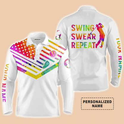 Custom Golf Long Sleeve Men Polo Shirt, Custom Name Watercolor American Flag Swing Swear Repeat Apparel - Perfect Gift For Men, Golf Lover