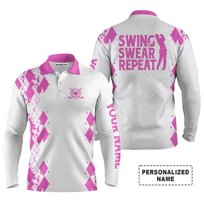 Custom Golf Long Sleeve Men Polo Shirt -Argyle Pattern Custom Name Apparel, Swing Swear Repeat Men Golf Polo Shirt-Perfect Polo Shirt For Men, Golfers