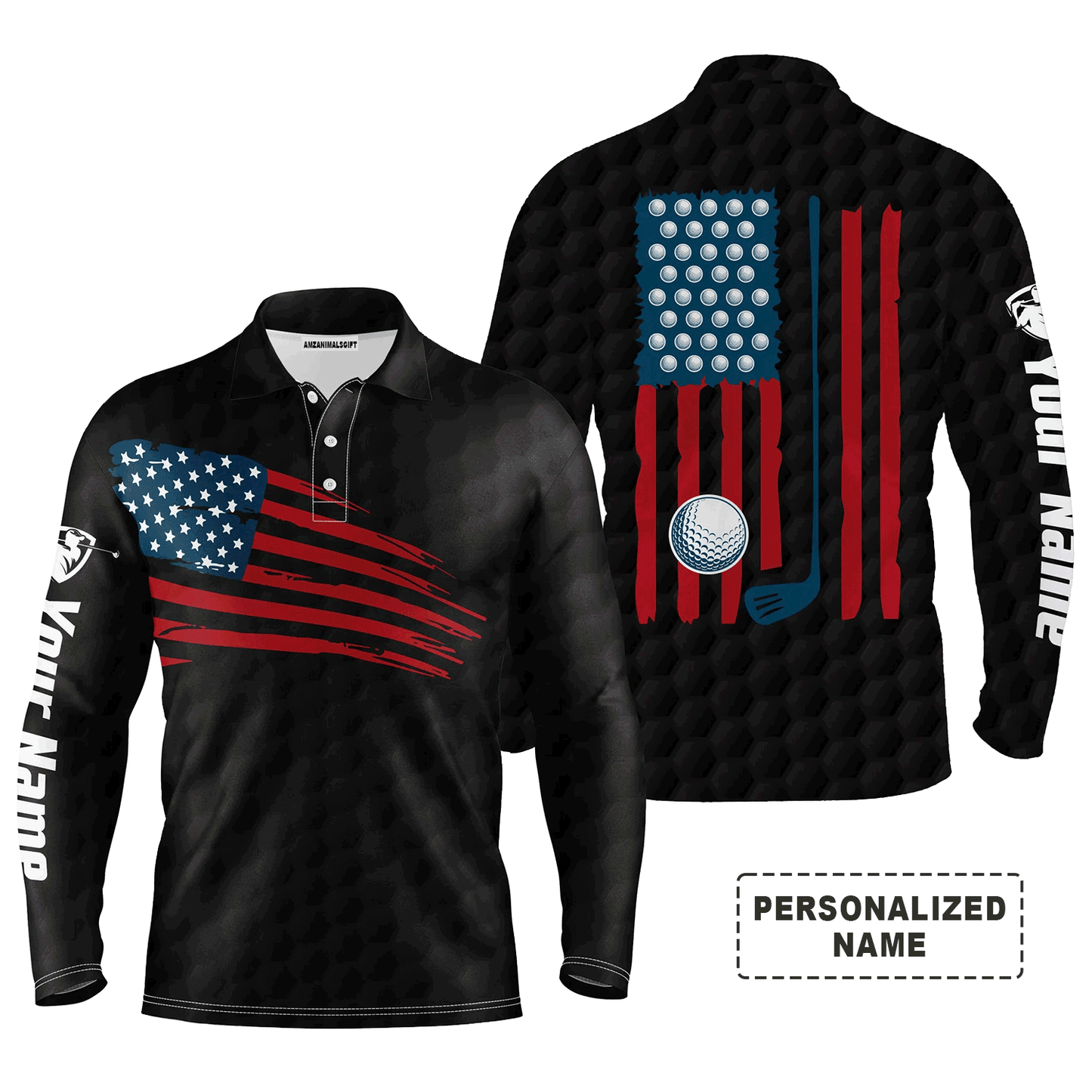 Custom Golf Long Sleeve Men Polo Shirt, Custom Name Multicolor American Flag Patriotic Apparel - Perfect Gifts For Men, Golf Lover