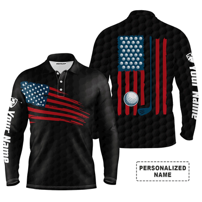 Custom Golf Long Sleeve Men Polo Shirt, Custom Name Multicolor American Flag Patriotic Apparel - Perfect Gifts For Men, Golf Lover