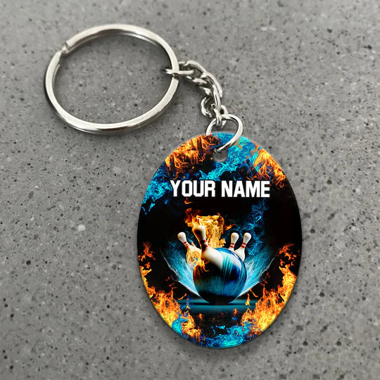 Personalized Name Blue Bowling Ball And Pins On Fire Acrylic Keychain - Christmas Gift For Bowling Lovers, Bowling Team, Family, Friends