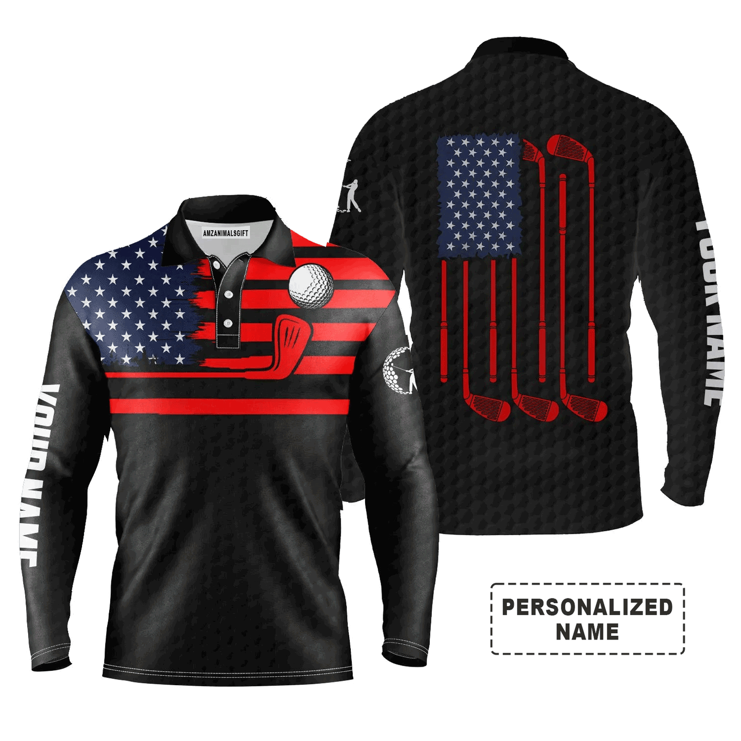 Custom Golf Long Sleeve Men Polo Shirt - American Flag Custom Name Multicolor Apparel Men Golf Polo Shirt - Perfect Polo Shirt For Men, Golf Lover