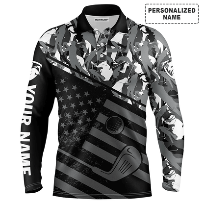 Golf Men Polo Shirt, Camo Polo Custom Name, Black American Flag Patriotic Apparel - Personalized Sports Gift For Men, Husband, Boyfriend, Golf Lovers