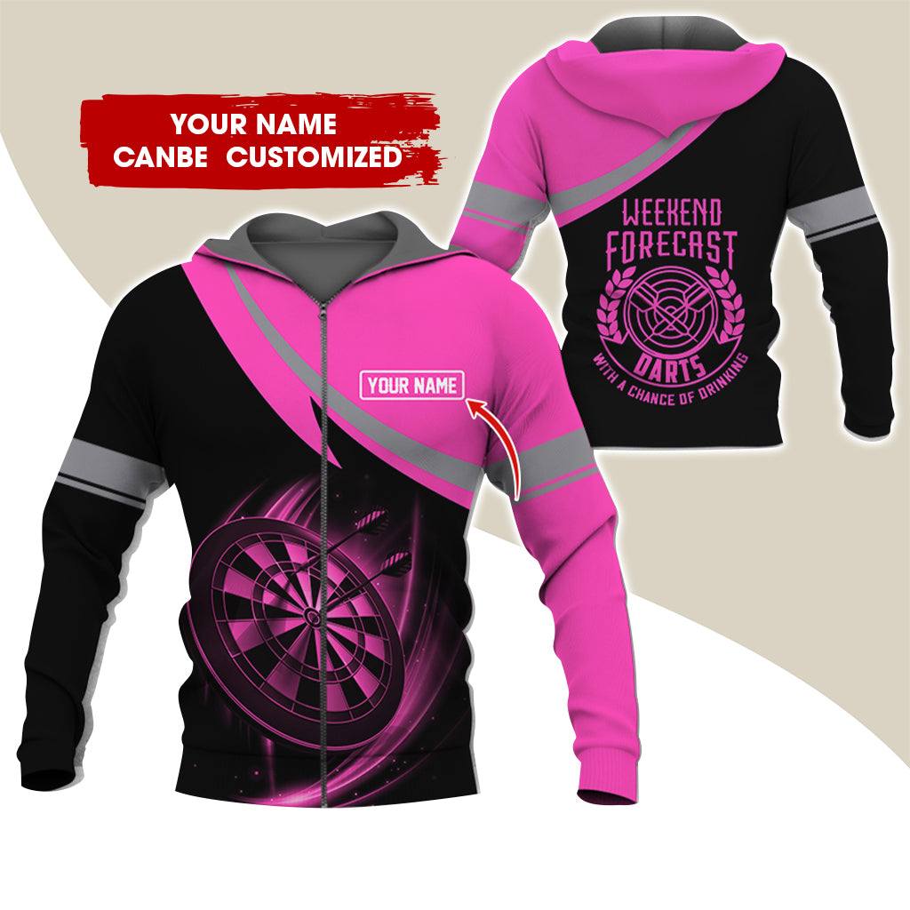 Personalized Name Darts Premium Zip Hoodie, Custom Name Weekend Forecast Darts Zip Hoodie For Men & Women - Gift For Darts Lovers, Darts Players