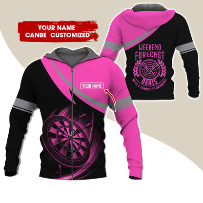 Personalized Name Darts Premium Zip Hoodie, Custom Name Weekend Forecast Darts Zip Hoodie For Men & Women - Gift For Darts Lovers, Darts Players