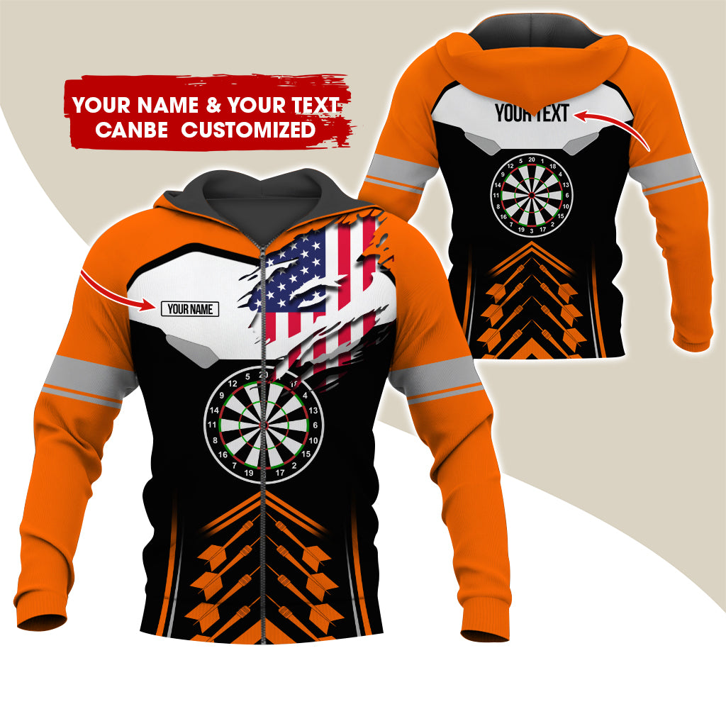 Customized Name American Flag Darts Premium Zip Hoodie, Personalized Black Pattern Zip Hoodie For Men & Women - Gift For Darts Lovers, Darts Players