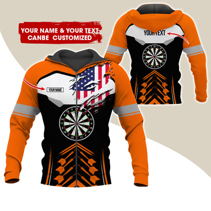 Customized Name American Flag Darts Premium Zip Hoodie, Personalized Black Pattern Zip Hoodie For Men & Women - Gift For Darts Lovers, Darts Players