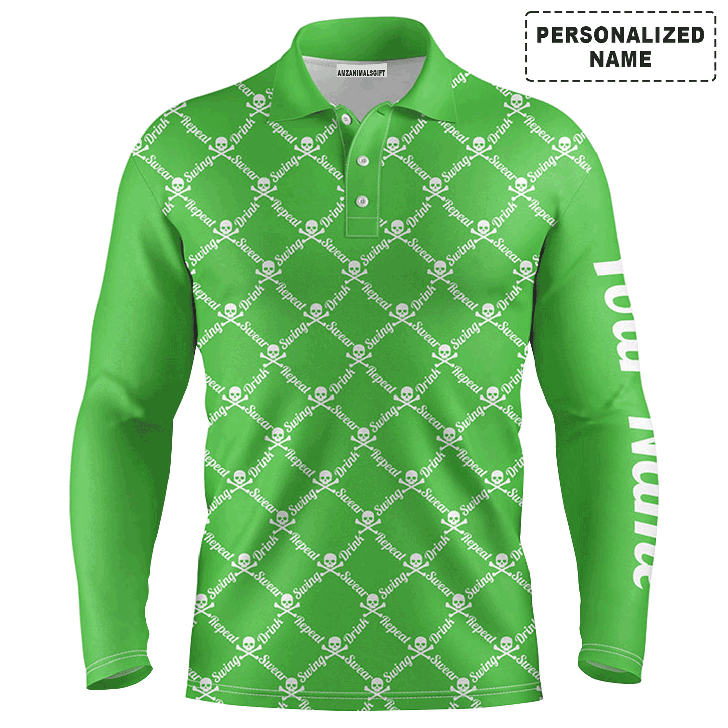 Custom Golf Long Sleeve Men Polo Shirt -Swing Swear Drink Repeat Skull Pattern Apparel-Personalized Gift For Golf Lover, Team, Husband, Boyfriend, Men