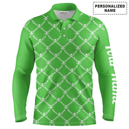 Custom Golf Long Sleeve Men Polo Shirt -Swing Swear Drink Repeat Skull Pattern Apparel-Personalized Gift For Golf Lover, Team, Husband, Boyfriend, Men