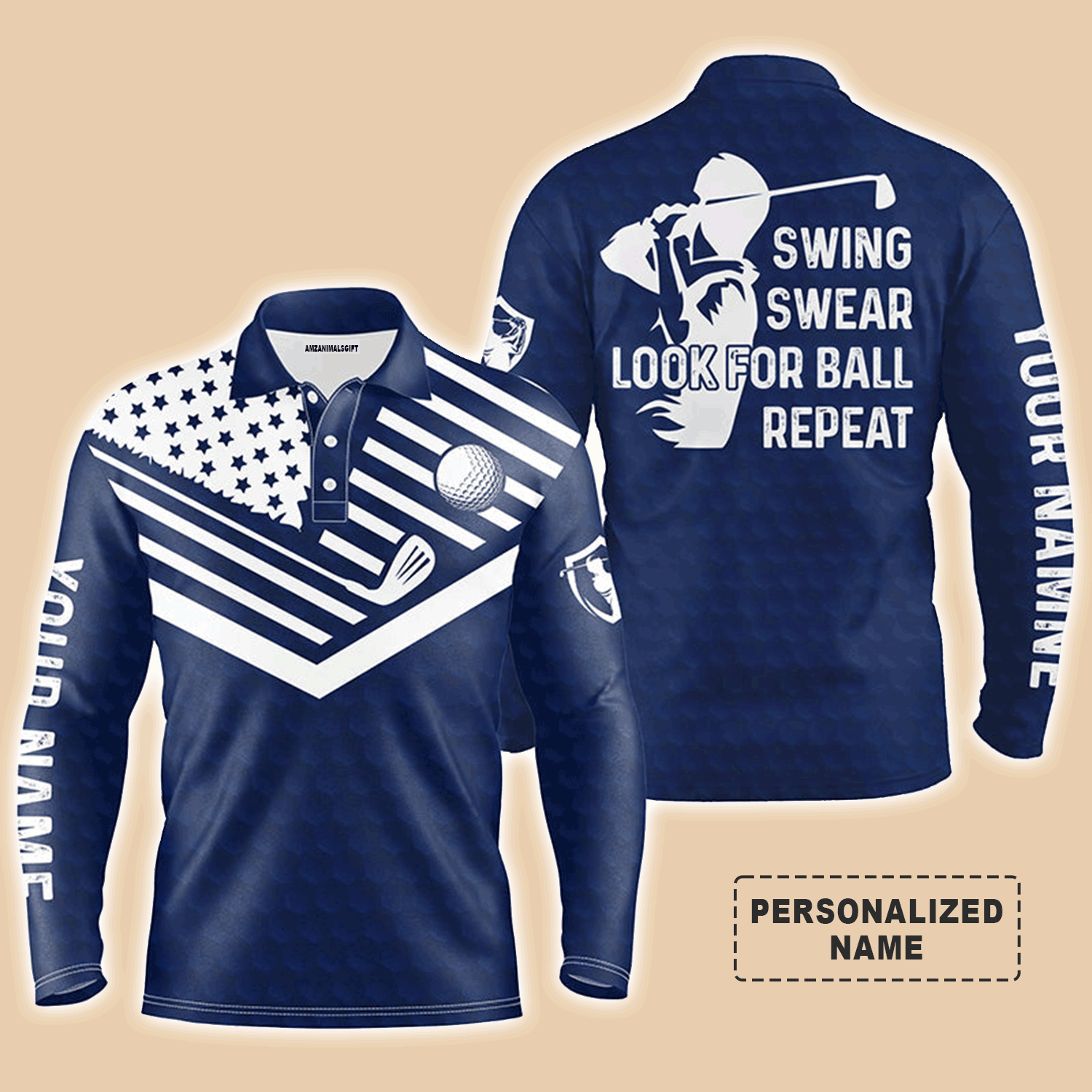 Custom Golf Long Sleeve Men Polo Shirt -  Custom Name American Flag Apparel - Swing Swear Look For Ball Repeat Men Golf Polo Shirt